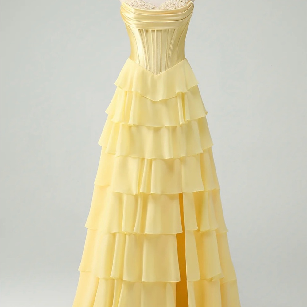 Yellow A-Line Strapless Tiered Corset Ruffle Long Prom Dress with Slit